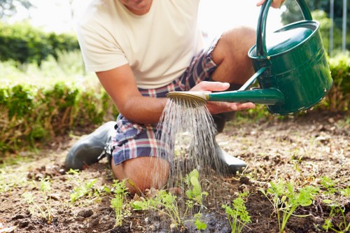 Lawn mowing team starting work on a Chigwell front garden